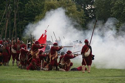 Scene from the historical re-enactment of the Battle of Naseby staged at English Heritage's Festival of History 2005, licensed under GNU Free Documentation license