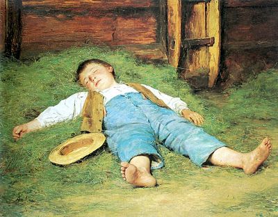 Sleeping Boy in the Hay, Schlafender Knabe im Heu, by Albert Anker