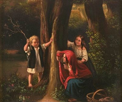 Three Children playing Hide and Seek in a forest by Meyerheim