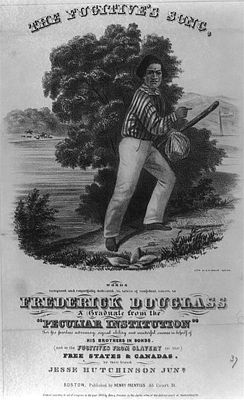 Frederick Douglas, Fugitives Song byE W Bouve, HPrentiss LC, sheet music featuring prominent abolitionist Frederick Douglass as a runaway slave.