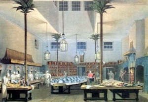 Royal Kitchen at the Royal Pavilion in Brighton, England from John Nash's Views of the Royal Pavilion, 1826, public domain