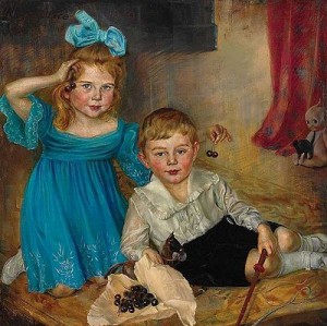 Portrait of a pair of children with cherries and a toy, by Felix Mayer-Felice, public domain image