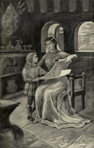 Queen Osburga reads for her son, Alfred, who would become Alfred the Great, public domain, by J. W. Kennedy