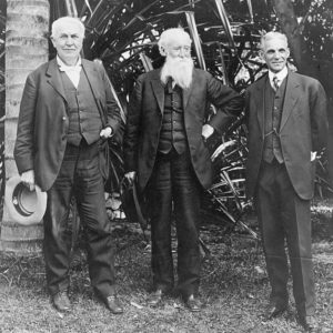 Ford, Thomas Edison, John Burroughs and Henry Ford, standing portrait, at Edison's home in Ft. Myers, FL, March 16, 1914, public domain image from U.S. Library of Congress